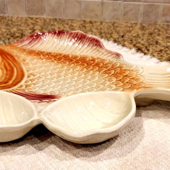 Colorful Ceramic Hand Painted Nautical Fish Serving Platter w/2 dip dishes/bowls - Picture 3 of 4